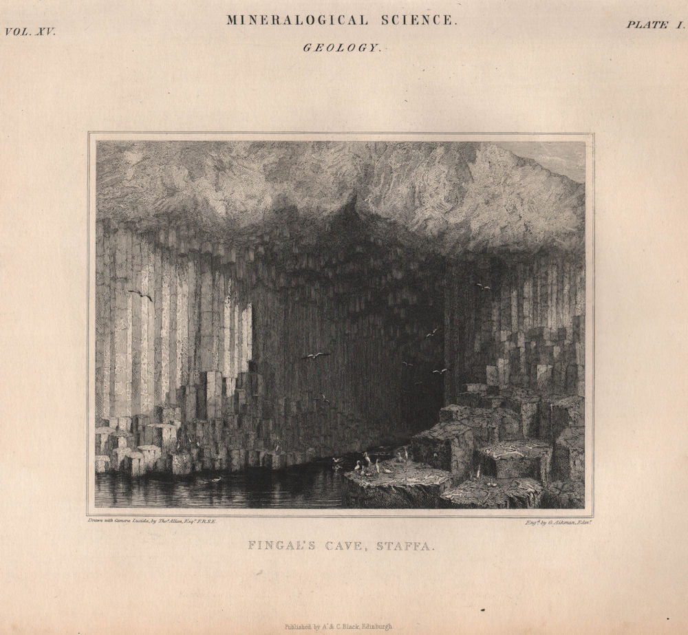 Mineralogical Science. Geology; Fingal's Cave, Staffa. Exterior. BRITANNICA 1860